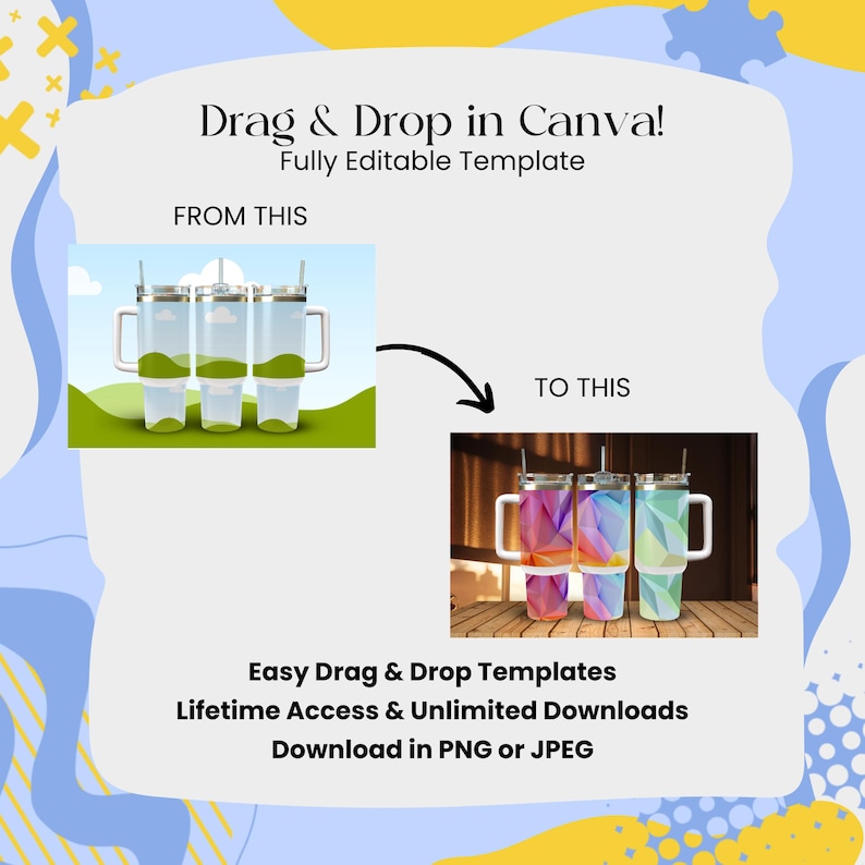 K&ouml;nnte beinhalten: Drei Edelstahlbecher mit Doppelgriffen und Deckeln. Die Becher stehen auf einer Holzoberfl&auml;che. Die Becher sind links und rechts leer, der mittlere Becher hat ein farbenfrohes geometrisches Design. Der Text "Drag & Drop in Canva! Fully Editable Template" befindet sich oben im Bild. Der Text "FROM THIS" befindet sich unter den Bechern links. Der Text "TO THIS" befindet sich unter den Bechern rechts. Der Text "Easy Drag & Drop Templates Lifetime Access & Unlimited Downloads Download in PNG or JPEG" befindet sich unten im Bild.