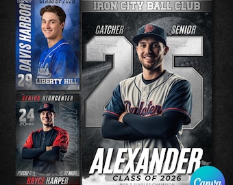 May include: Baseball team banner featuring three players. The main image shows a catcher with the text "Iron City Ball Club" and "Alexander, Class of 2026." Other banners feature Davis Harbor and Bryce Harper.