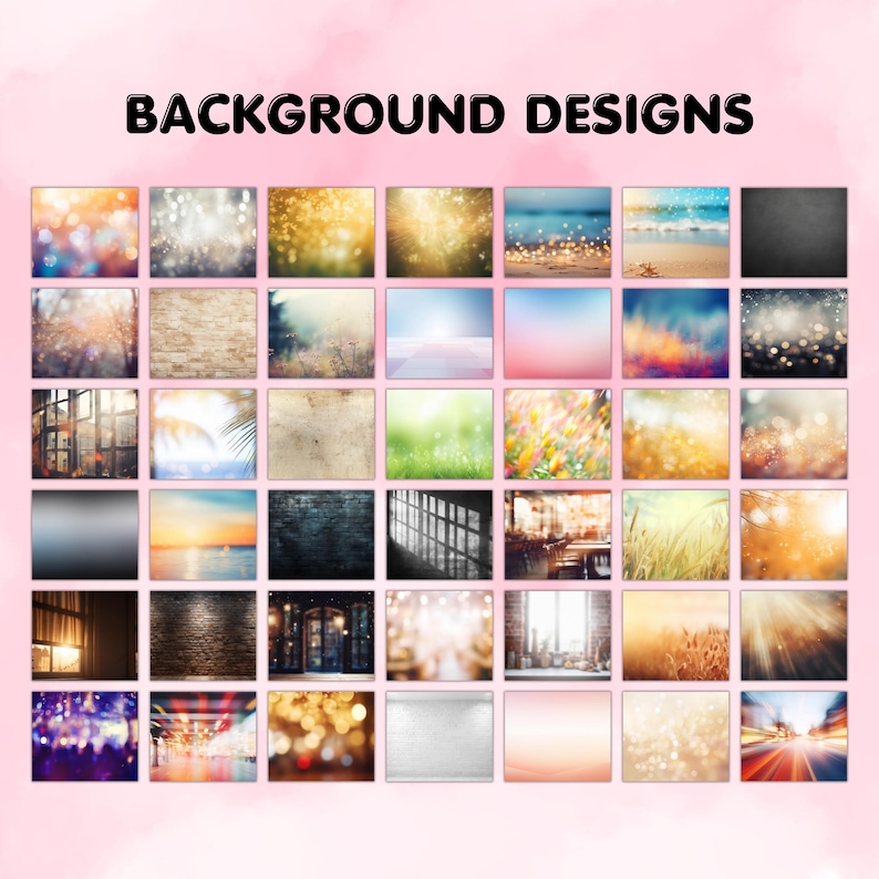 K&ouml;nnte beinhalten: Eine Sammlung von 36 digitalen Hintergrunddesigns zur Verwendung in Grafikdesignprojekten. Die Hintergr&uuml;nde umfassen eine Vielzahl von Stilen, wie z. B. verschwommene Lichter, Backsteinw&auml;nde, Fenster und Naturszenen.