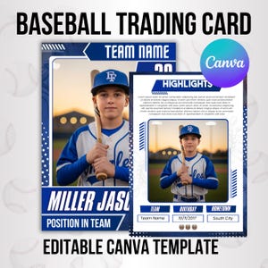 Könnte beinhalten: Baseball-Sammelkarten-Vorlage mit einem jungen Baseballspieler in einer blau-weißen Uniform, der einen Schläger hält. Das Kartendesign enthält Platz für Teamnamen, Highlights und Spielerdetails. Der Text "BASEBALL TRADING CARD" steht oben.