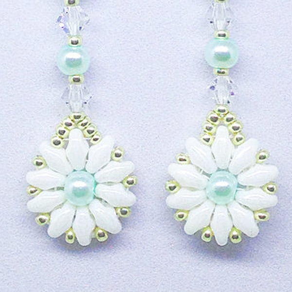 Snow Flower Drop Earrings, Silver Flower Earrings, Handbeaded Earrings. Pearl and Crystal Earrings, Floral Jewelry, Pearl Flower Earrings
