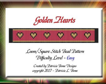 Bead Loom Pattern, Bracelet Pattern, Loom Pattern, Golden Hearts Beading Pattern, Loom Bracelet, Easy Loom Bead Pattern