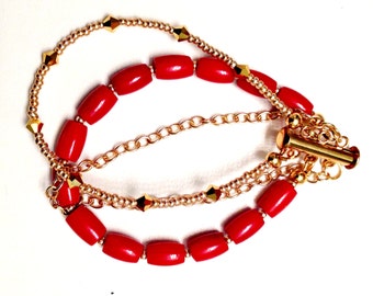 Bamboo Coral Bracelet, Red & Gold Bracelet, Multistrand Bracelet, Handbeaded Bracelet, Bamboo Coral Bracelet, Red Coral Bracelet
