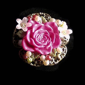Rose Garden Hand Beaded Brooch, Pink Rose Pin, Filigree Pin, Statement Pin, Cagework, Rose Garden Pin, Flower Pin, Vintage Inspired