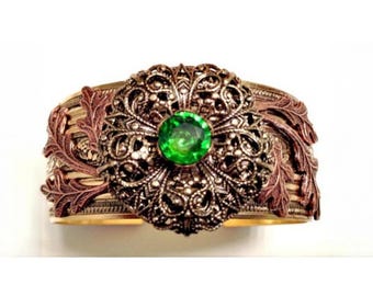 Brass Copper Cuff Bracelet: Vintage Filigree Flower, Peridot Crystal