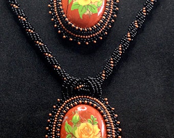 Red Jasper Beaded Necklace & Brooch Set, Yellow Rose Necklace Set, Decoupage Roses, Statement Necklace, Flower Necklace