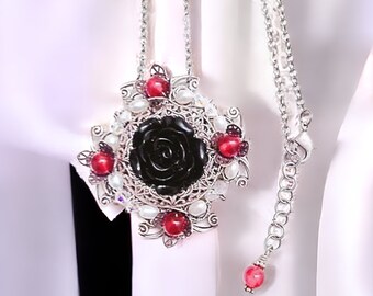 Black Rose Necklace with Garnet Gemstones, Silver Filigree Necklace, Fantasy Jewelry, Romantic Jewelry