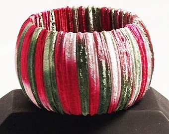 Red, Pink and Green Ribbon Wrapped Wooden Bangle