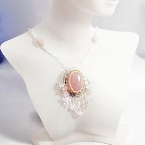 Rose Quartz Necklace, Bridal Statement Jewelry, Pink Crystal Pendant, Hand-Beaded Wedding Necklace