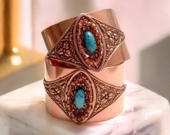 Copper Cuff Bracelet, Turquoise Glass Vintage Style, Copper Filigree Jewelry