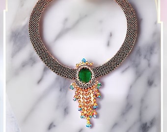 Emerald Crystal Necklace, Beaded Collar Necklace, Emerald Collar Necklace, Statement Necklace, Beaded Bib Necklace, Seed Bead Necklace