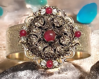 Carnelian Cuff Bracelet, Filigree Cuff, Flower Cuff, Filigree Flower,Carnelian Cuff, Handcrafted Cuff, Vintage Style Cuff, Filigree Bracelet