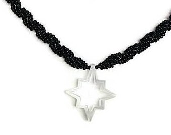 Star Necklace w Black Bead Rope, Christmas Star Necklace, North Star Necklace, Vintage Star, Crystal Star Pendant Necklace, Polaris Necklace