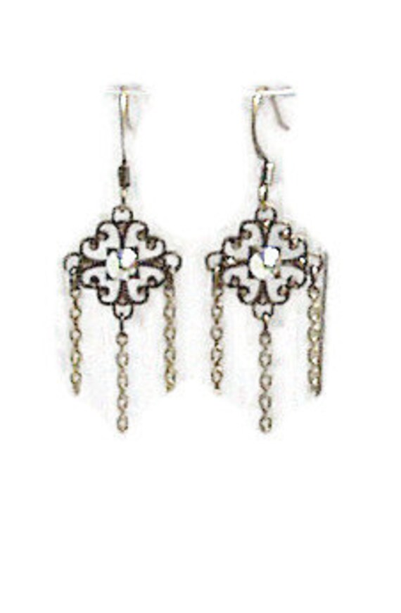 Diamond Filigree Earrings Vintage Inspired Filigree Jewelry Filigree Chain Earrings Chandelier Earrings Brass Earrings Drop Earrings Etsy UK