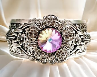 Silver Cuff Bracelet, Filigree Purple Crystal Cuff,  Assemblage Statement Cuff, Filigree Crystal Cuff, Flower Cuff, Silver Cuff Bracelet,