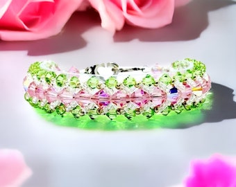 Pink and Green Crystal Bracelet, Spring Bracelet, Peridot and Rose Crystal Bracelet, Hand Beaded Crystal Bracelet