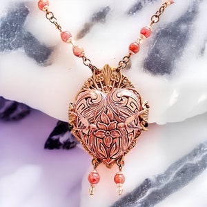 Etched Copper Heart Necklace with Plum Jade Gemstones, Valentines Day Pendant, Brass Heart Necklace, Statement Necklace