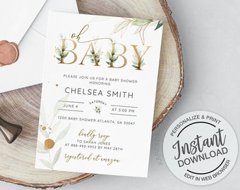 Greenery Baby Shower Invitation, Gold and Green, 5x7 invite, Oh Baby, INSTANT DOWNLOAD, Editable Template, Watercolor, Digital, boy, girl