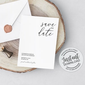 Minimalista moderno Salva l'invito alla data, DOWNLOAD ISTANTANEO, Matrimonio stampabile fai-da-me Salva il modello di data, modificabile, elegante, 5x7, 4x6, m1