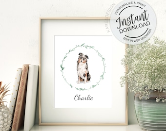 Australian Shepherd Portrait, Editable Name Template, Watercolor Pet Portrait, Aussie Art, Pet loss gift, Dog memorial, Dog Lover Gift