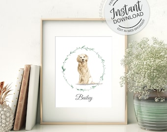 Golden Retriever Portrait, Editable Name Template, Pet Portrait, Dog Art, Pet loss gift, Dog memorial, Dog Lover Gift,Golden Retriever Mom