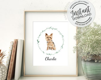 Yorkshire Terrier Portrait, Editable Name Template, Watercolor Pet Portrait, Dog Art, Pet loss, Yorkie Gifts, Dog Lover Gift, Yorkie Print