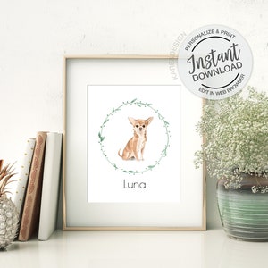 Chihuahua Portrait, Editable Name Template, Watercolor Pet Portrait, Dog Art, Pet loss gift, Dog memorial, Dog Lover Gift, Chihuahua Print