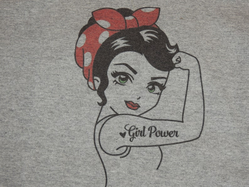 Modern Rosie the Riviter with Girl Power on it! XXL Long Grey Hooded Sweatshirt