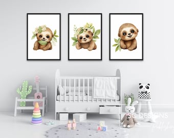 Sloth nursery decor, sloth prints, nursery wall art, nursery decor, cute animal decor prints - Set of 3 prints