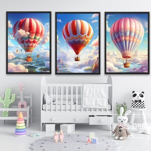 Hot Air Balloon Nursery Wall Art Set of 3 - Gender Neutral Bedroom Prints for Boys and Girls - Whimsical Kids Room Decor