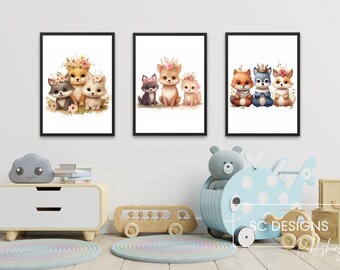 JUNGLE KWEKERIJ DECOR, Kinderkamer Posters schattige dieren, Kwekerij Prints, Genderneutrale kinderkamer - set van 3 prints