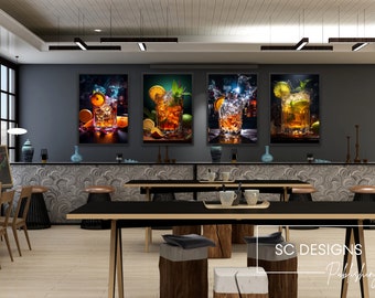 Cocktail Print Set van 4, Man Cave Bar Decor, DIGITALE PRINTS, Drankjes aan de bar, Man Cave Wall Decor