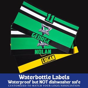 Gourdes ou autocollants personnalisés de l&#39;équipe de hockey | Logo d&#39;équipe et nom de joueur personnalisés | Étiquettes imperméables pour bouteilles de hockey ** AUTOCOLLANTS SEULEMENT