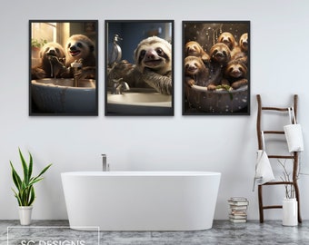 Bathtime Sloths - Set of 3 Prints, Sloth in Bathtub, Whimsicle Prints for kids bathroom, funny bathroom prints