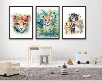 Kwekerij Decor Jungle Kwekerij Digitale Prints Collectie - Set van 3 Kwekerij Decor, Aquarel Dieren Kwekerij Wall Art, Jungle Dieren