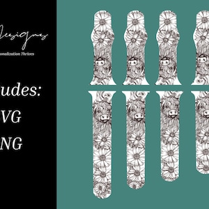 Può includere: Design di cinturini per orologi con motivo floreale e mucca delle Highlands in bianco e nero. L'immagine include il testo "SC Designs Where Personalization Thrives" e "Includes: SVG PNG". I cinturini sono su sfondo verde acqua.