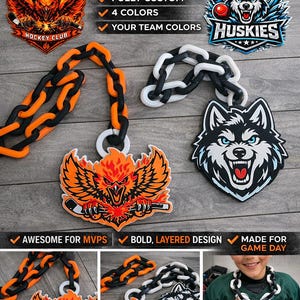 May include: Custom team MVP hype chains with hockey team logos. The chains are black and white, and orange and black. The image shows a Firehawks logo and a Huskies logo. Text on the image says "Awesome for MVPs", "Bold, Layered Design", and "Made for Game Day."