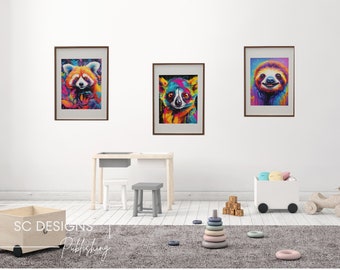 Animal Wall Prints, Set van 3, Fox Print, Elephant Print, Tiger Print, Decor van de kinderkamer, Kwekerij Wall Art, Levendige Print ** DIGITALE DOWNLOAD