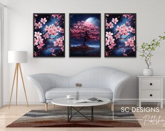 Cherry Blossom Blooms Digital Print - Living Room Bedroom Set of 4 prints  - Living room, Hallway, or Office Wall Decor - DIGITAL DOWNLOAD