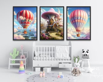 NURSERY DECOR, Nursery Posters hot air balloon theme, Nursery Prints, Gender Neutral nursery - set of 3 prints