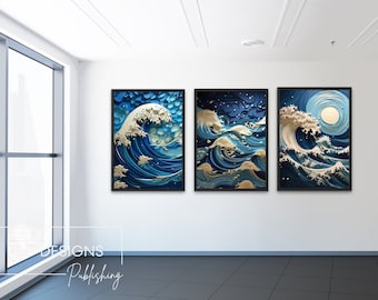 Beach Waves - Sea of Blue Paper Layered Digital Print - Living Room Bedroom Set of 3 prints - DIGITAL DOWNLOAD
