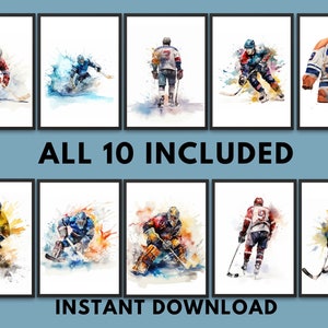 Hockey Wall Art, Watercolor Player and Goalie Wall Decor, Set of 3 Nursery prints, Kids Printable Wall Art, Boys room art, Sports Art Prints