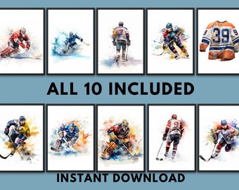Impresiones de hockey en acuarela: Arte de jugador y portero (Descarga digital)
