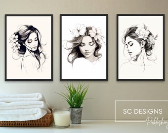 Woman Line Drawing, Gallery Wall Art, Set of 3 Prints, Minimalist Home Decor, Teen Room Decor, Digital Download