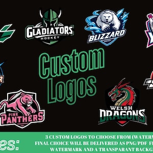 May include: A selection of custom logos for sports teams, showcasing mascots such as a Viking, a gladiator, a polar bear, and a pink panther. The words "Custom Logos" are in green, with "Includes:" at the bottom.