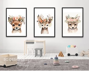 3 stuk kunst aan de muur, speelkamer decor, herten schilderen, bosrijke kwekerij, kinderkamer kunst aan de muur, wenskaarten, Fox Wall Art, digitale download,