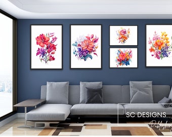 Flower Print Set, Set of 5, Botanical Wall Art, Floral Decor, Digital Download, Flower Market Prints for Living Room Walls