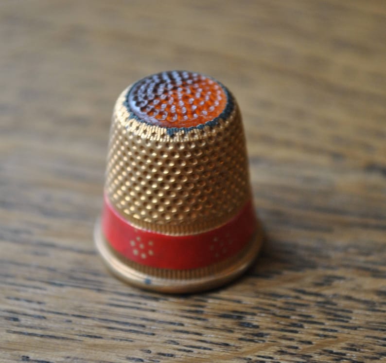 Gold tone Red band Vintage thimble Metal Orange top