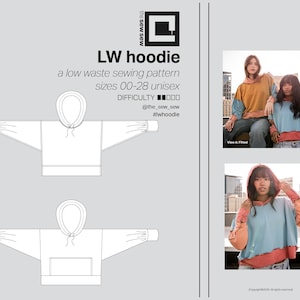 以下が含まれることがあります： 00 から 28 までのサイズ展開の、廃棄物を削減したフーディの縫製パターンです。このパターンはユニセックスで、難易度レベルは 0000 です。画像には、フーディの線画が 2 つと、青とピンクのフーディを着た人の写真が示されています。