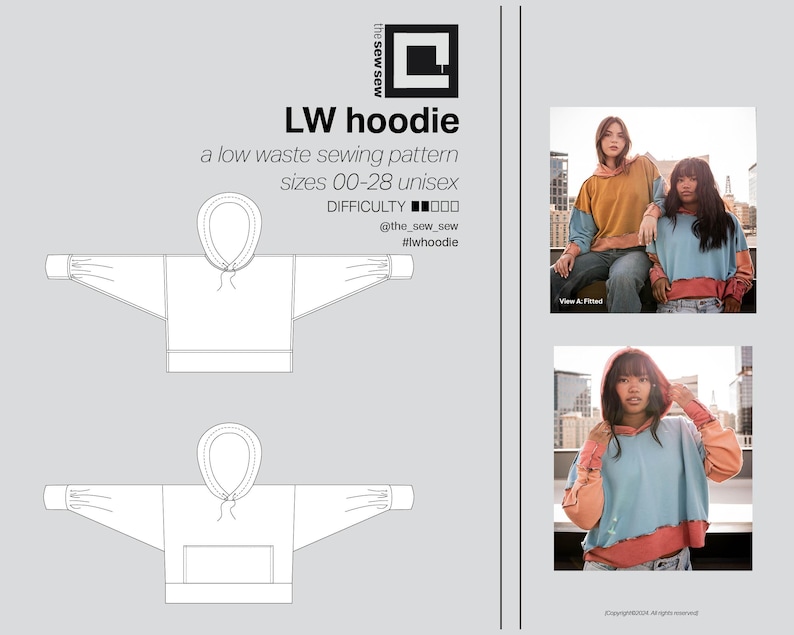 May include: A sewing pattern for a low-waste hoodie, with sizes ranging from 00 to 28. The pattern is unisex and has a difficulty level of 0000. The image shows two line drawings of the hoodie, and a photo of a person wearing a blue and pink hoodie.